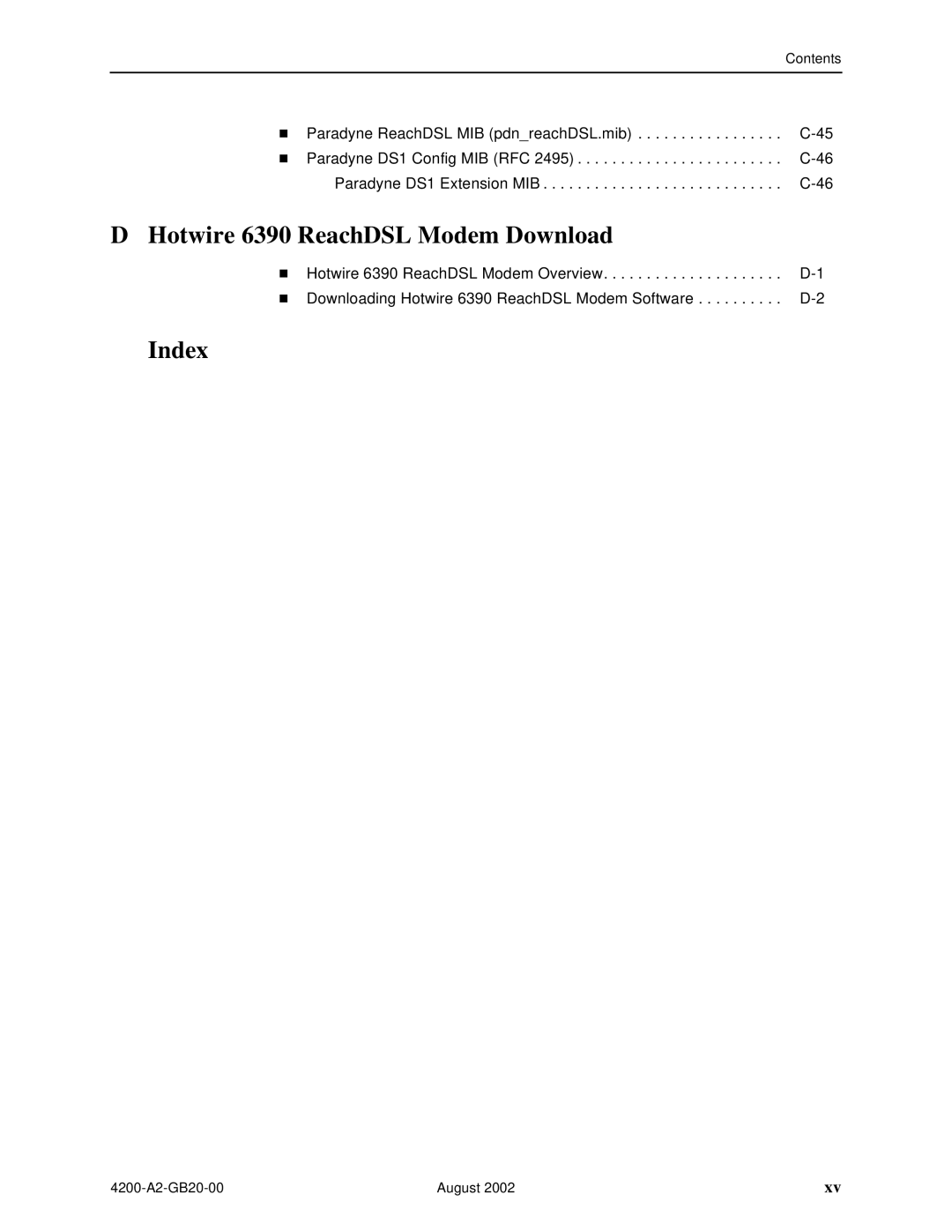 Paradyne 4200 manual D Hotwire 6390 ReachDSL Modem Download, Index 