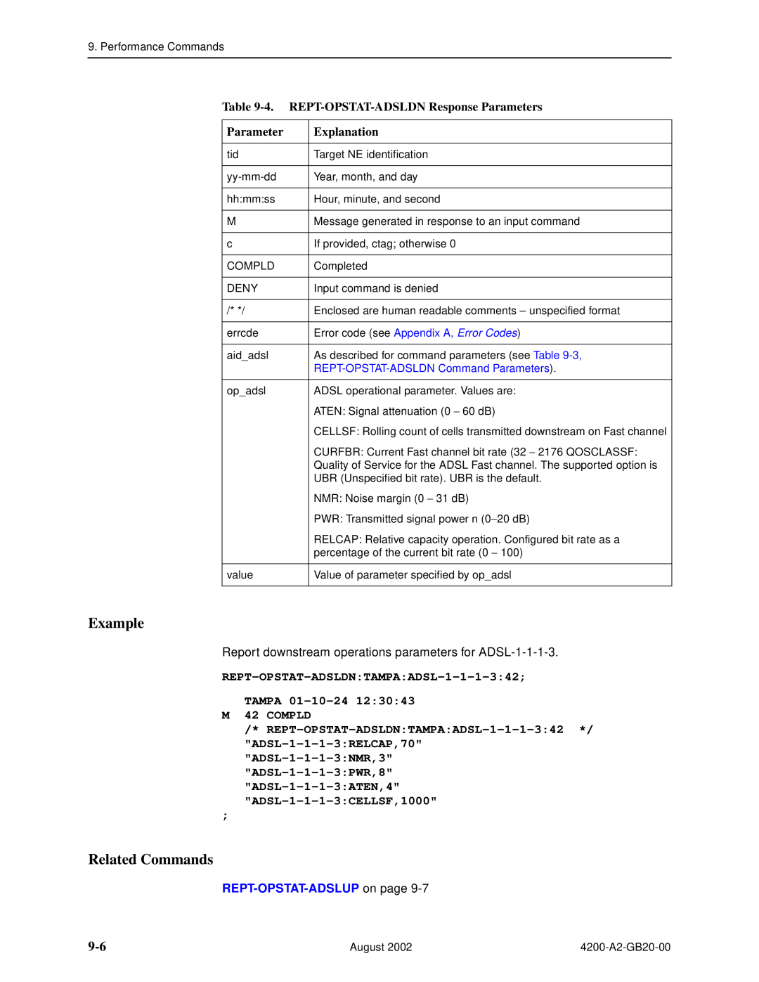 Paradyne 4200 4. REPT-OPSTAT-ADSLDN Response Parameters, REPT-OPSTAT-ADSLDNTAMPAADSL-1-1-1-342 TAMPA 01-10-24 M 42 COMPLD 