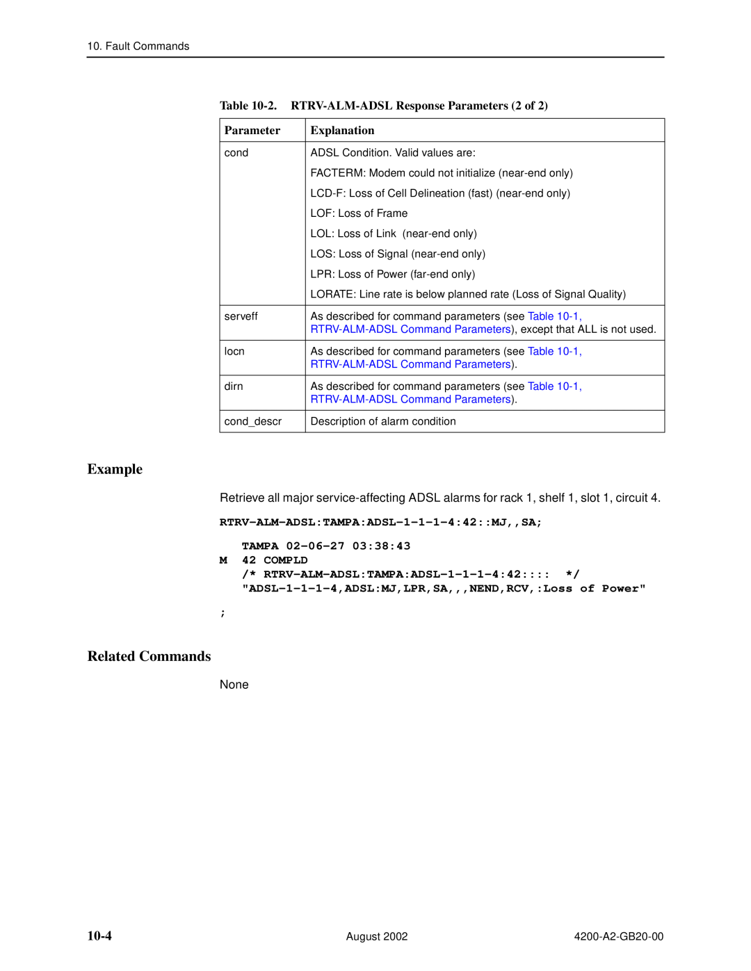 Paradyne 4200 manual 10-4, 2. RTRV-ALM-ADSL Response Parameters 2 of, Example, Related Commands, Explanation 