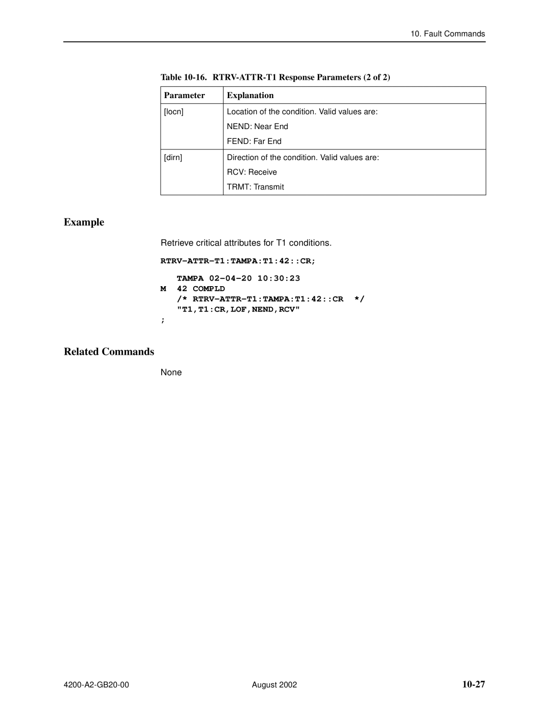 Paradyne 4200 manual 10-27, 16. RTRV-ATTR-T1 Response Parameters 2 of, RTRV-ATTR-T1TAMPAT142CR TAMPA 02-04-20 M 42 COMPLD 