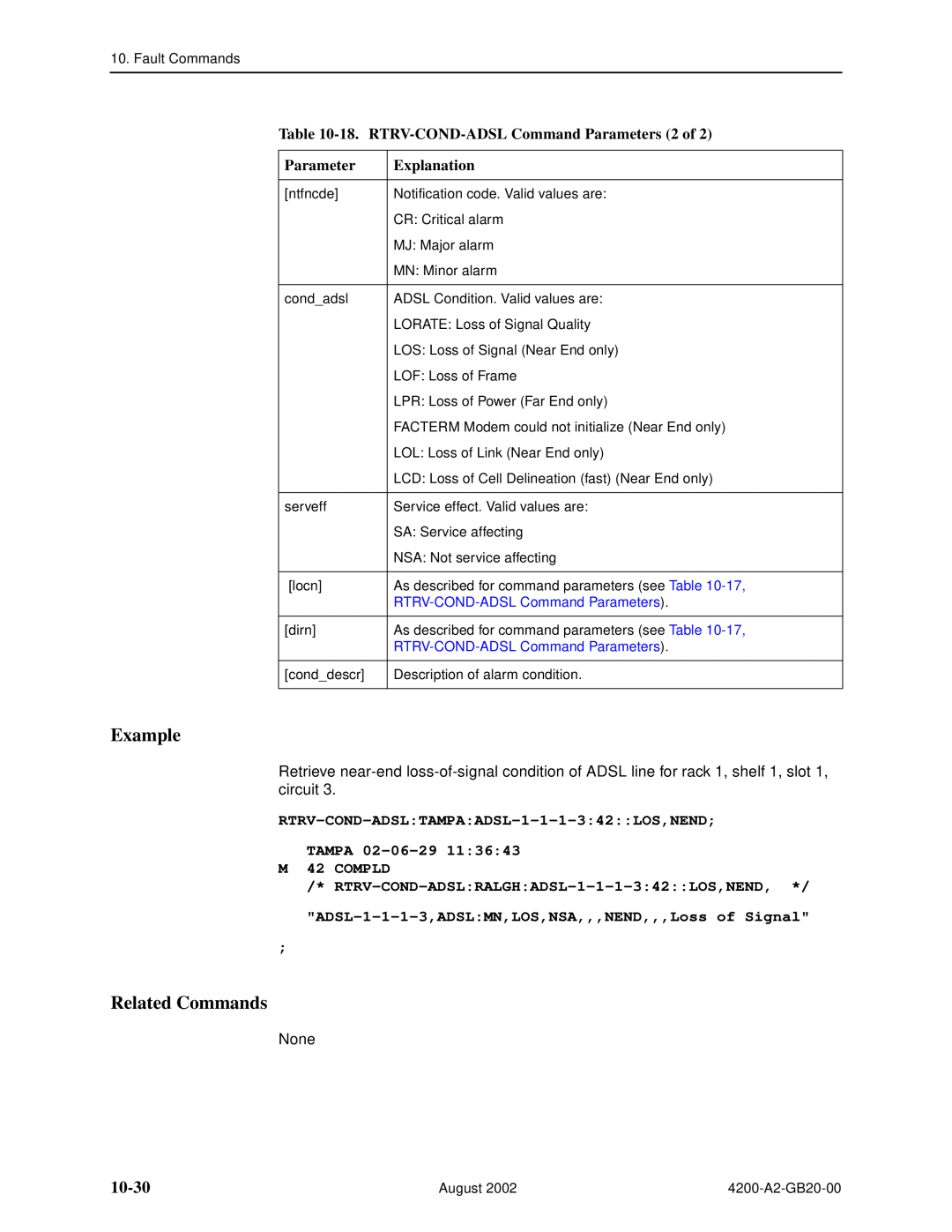 Paradyne 4200 manual 10-30, 18. RTRV-COND-ADSL Command Parameters 2 of, Example, Related Commands, Explanation 