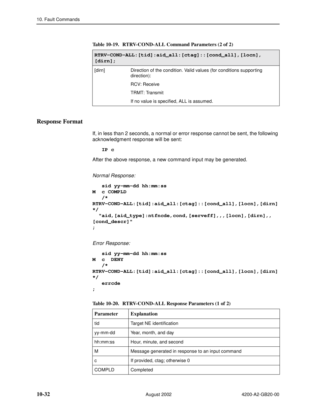 Paradyne 4200 manual 10-32, 19. RTRV-COND-ALL Command Parameters 2 of, RTRV-COND-ALLtidaidallctagcondall,locn,dirn, IP c 