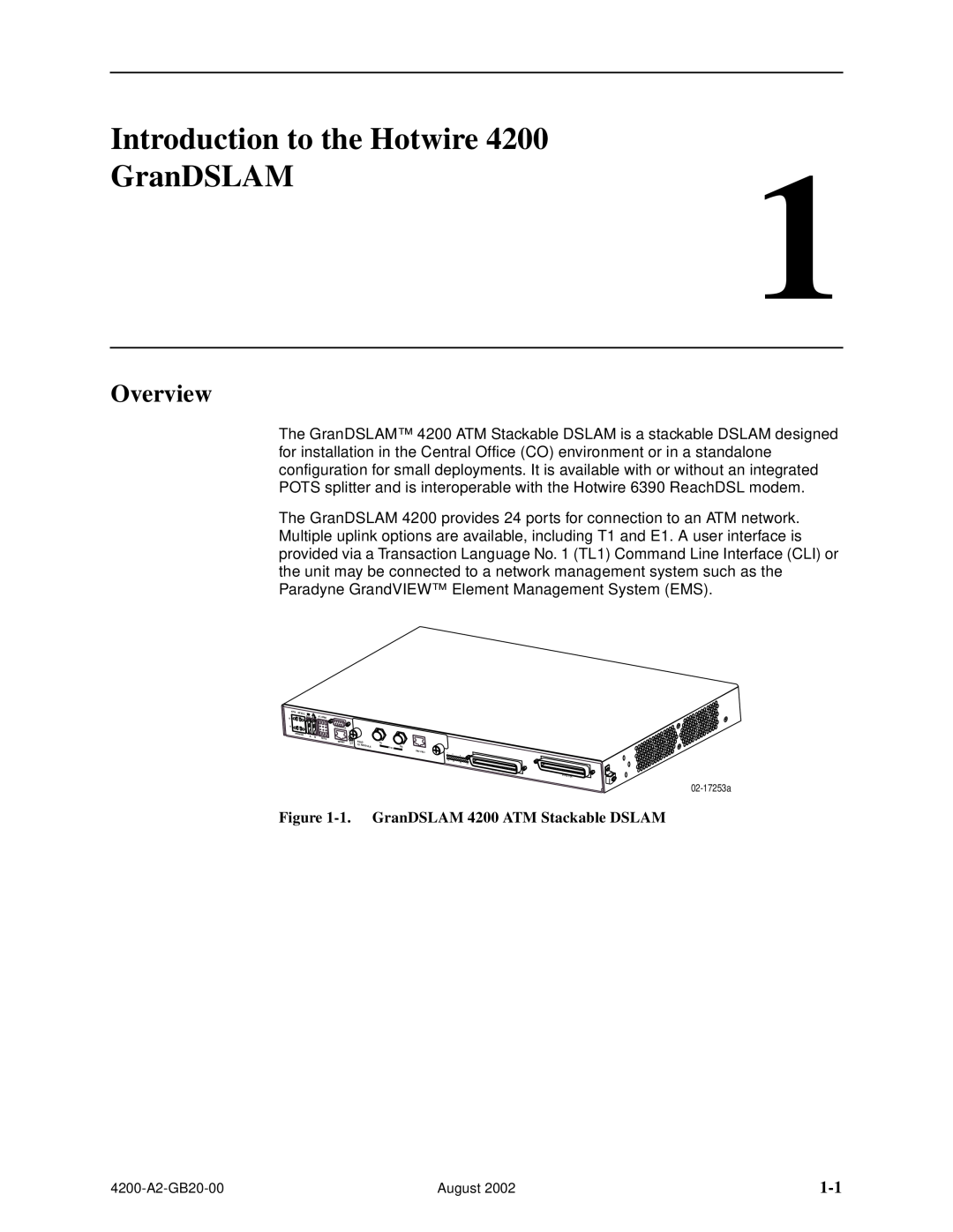 Paradyne manual Introduction to the Hotwire, Overview, 1. GranDSLAM 4200 ATM Stackable DSLAM 