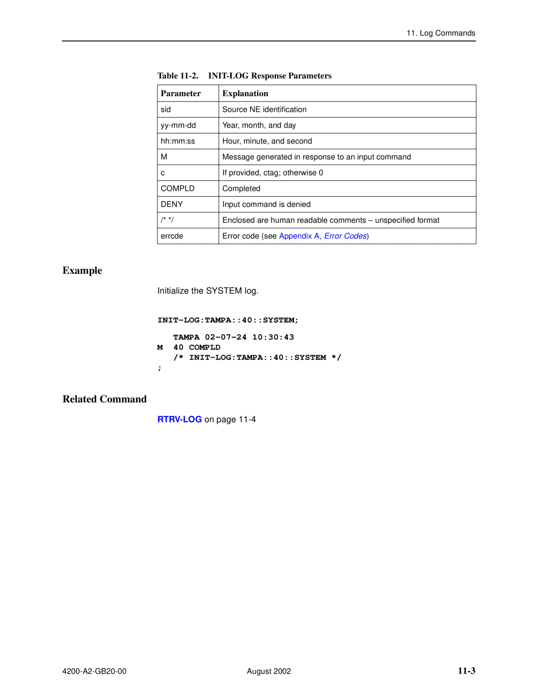 Paradyne 4200 manual 11-3, 2. INIT-LOG Response Parameters, INIT-LOGTAMPA40SYSTEM TAMPA 02-07-24 M 40 COMPLD, Example 