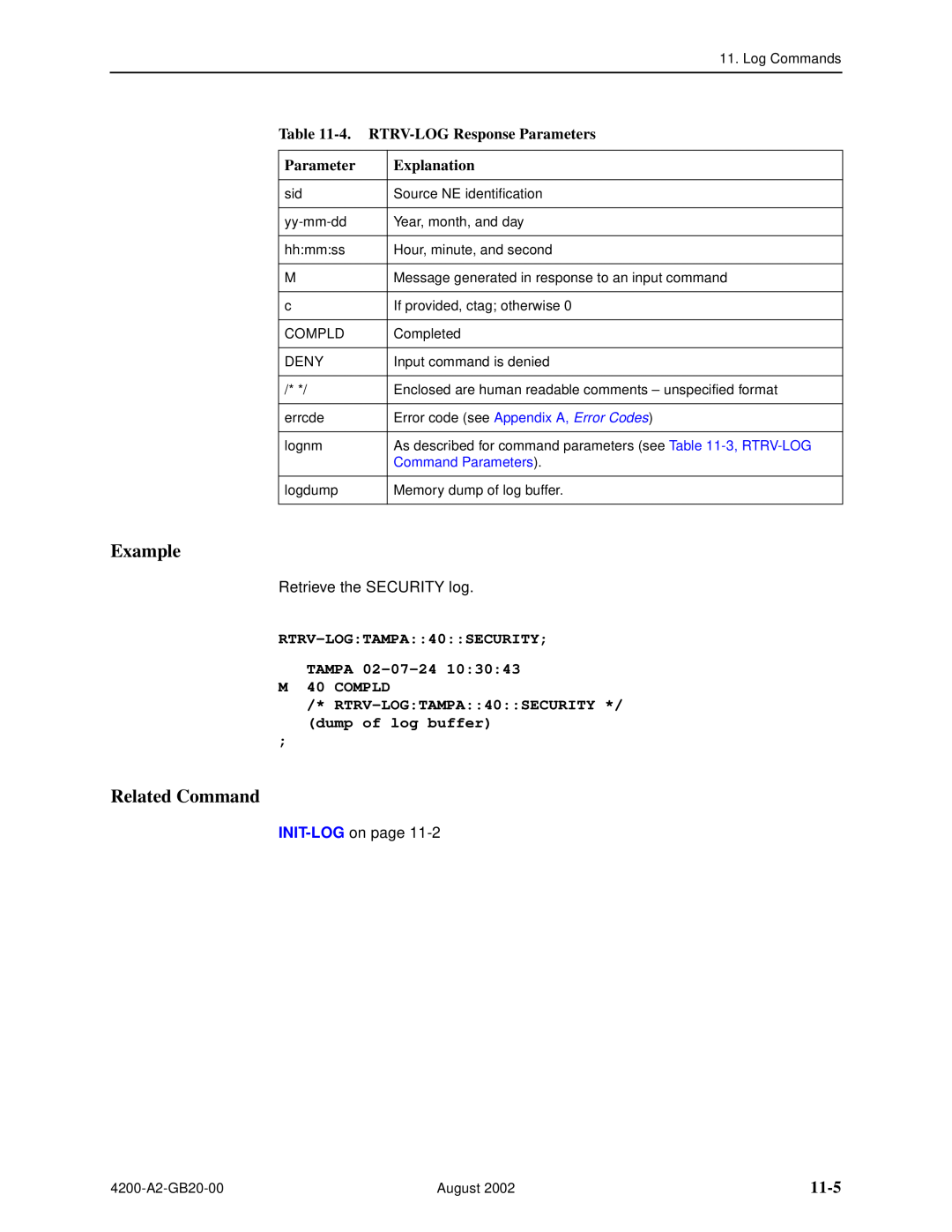 Paradyne 4200 manual 11-5, 4. RTRV-LOG Response Parameters, RTRV-LOGTAMPA40SECURITY TAMPA 02-07-24 M 40 COMPLD, Example 
