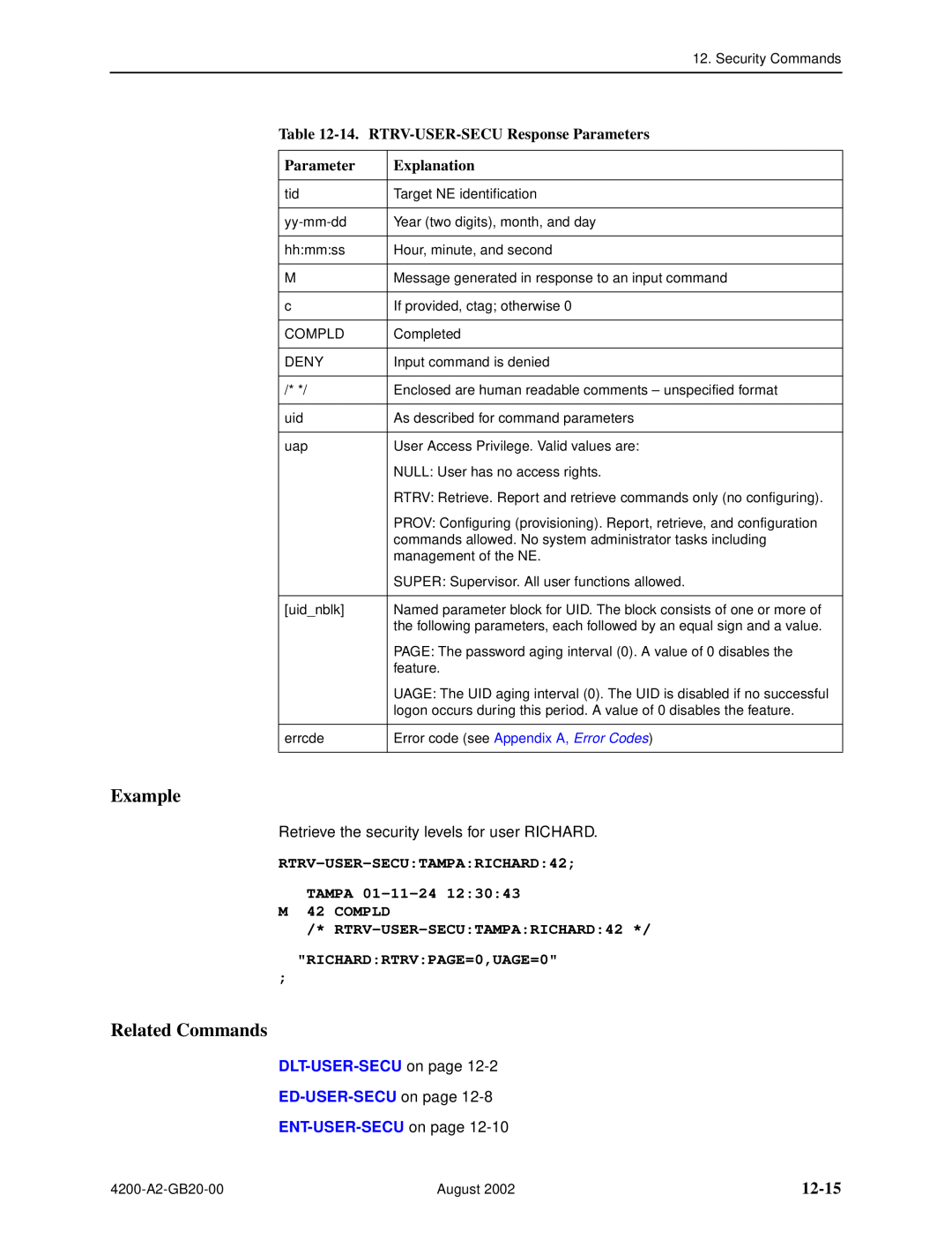 Paradyne 4200 manual 12-15, 14. RTRV-USER-SECU Response Parameters, RTRV-USER-SECUTAMPARICHARD42 TAMPA 01-11-24 M 42 COMPLD 