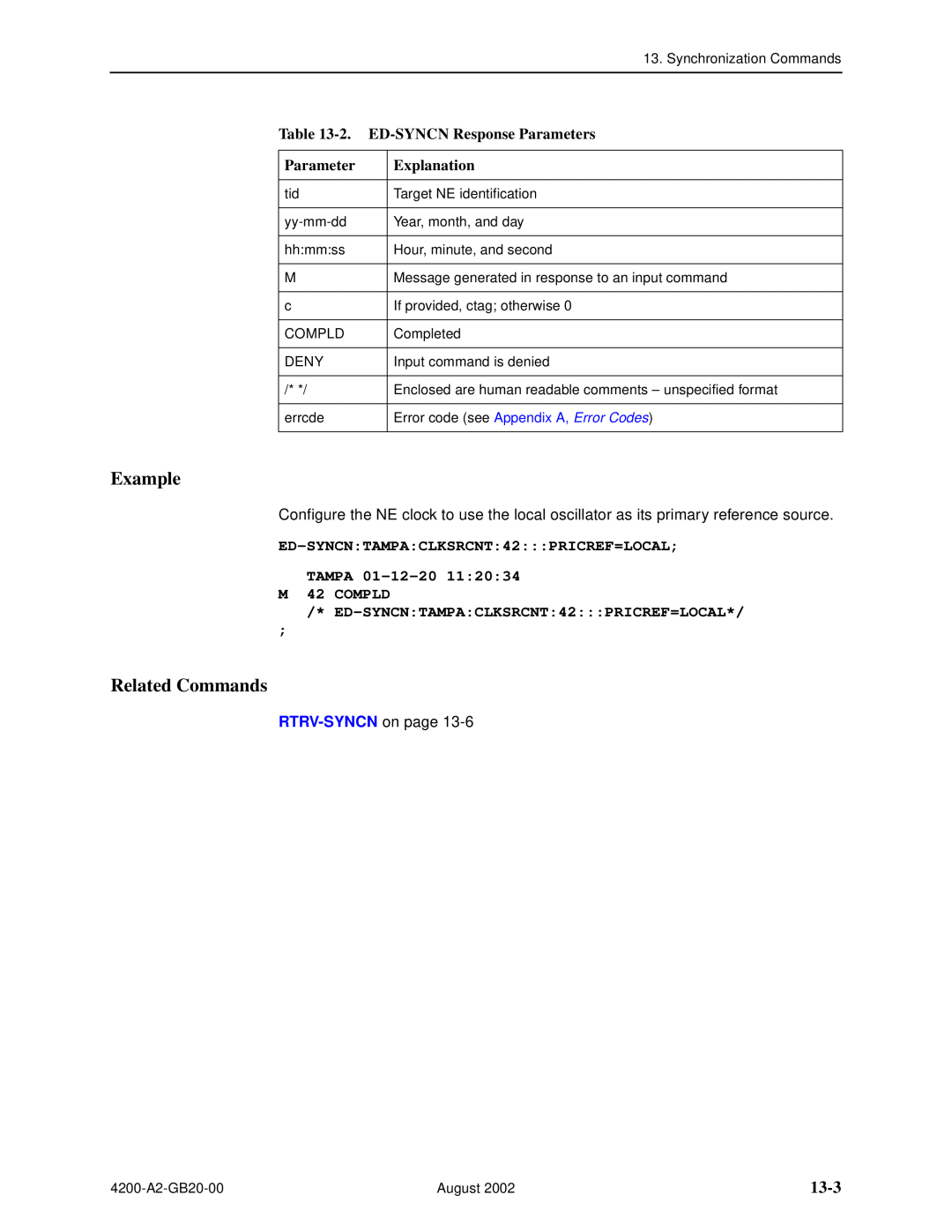 Paradyne 4200 manual 13-3, 2. ED-SYNCN Response Parameters, ED-SYNCNTAMPACLKSRCNT42PRICREF=LOCAL TAMPA 01-12-20 M 42 COMPLD 