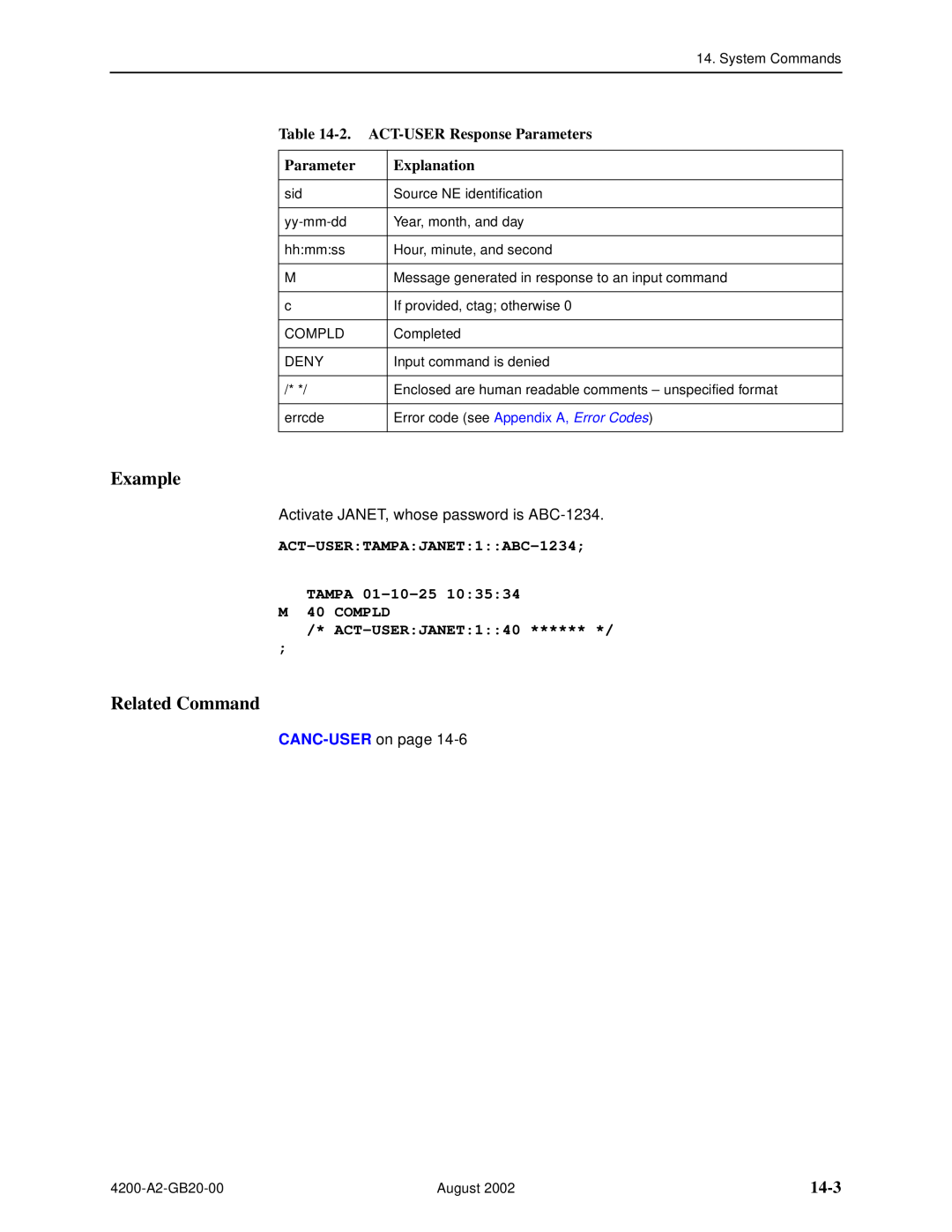 Paradyne 4200 manual 14-3, 2. ACT-USER Response Parameters, ACT-USERTAMPAJANET1ABC-1234 TAMPA 01-10-25 M 40 COMPLD, Example 