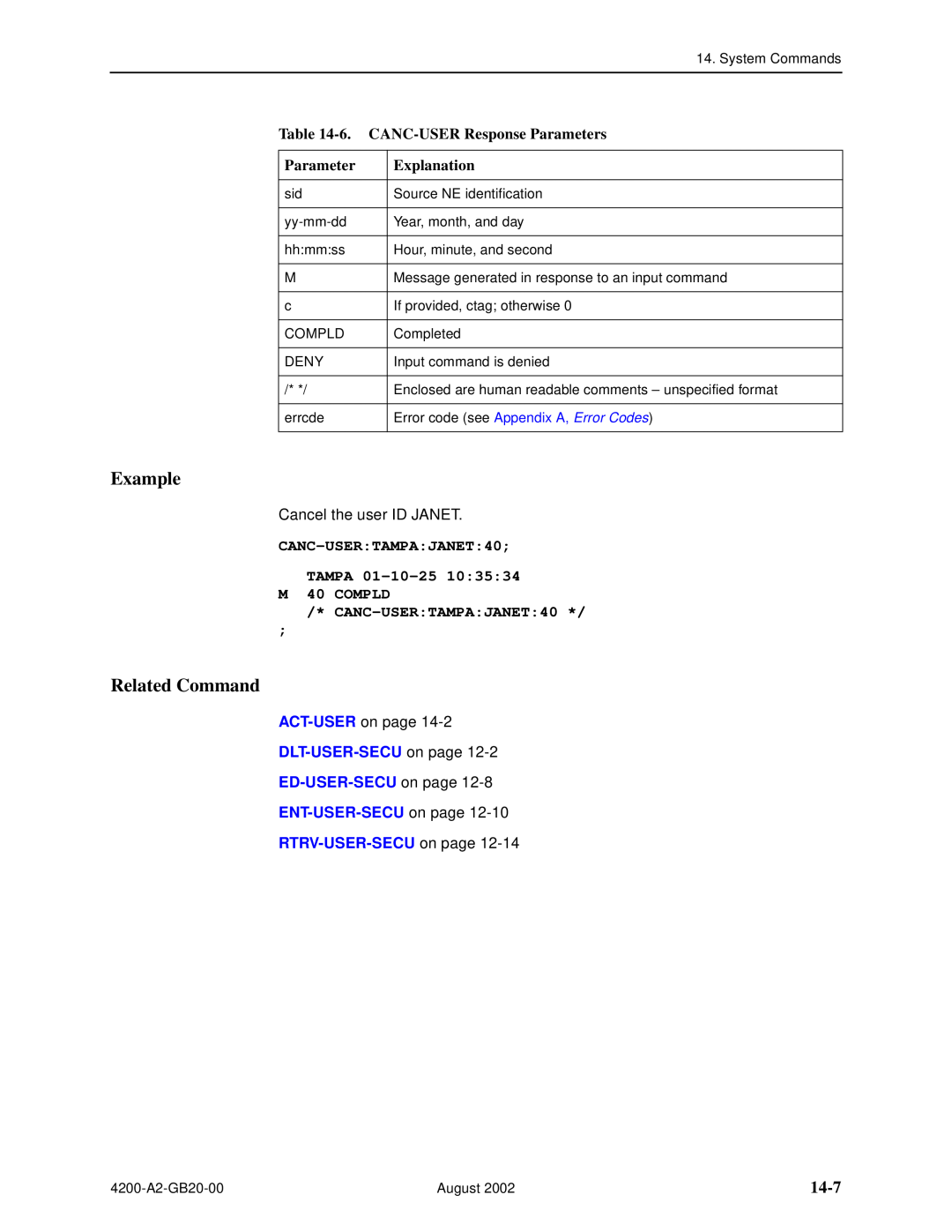Paradyne 4200 manual 14-7, 6. CANC-USER Response Parameters, CANC-USERTAMPAJANET40 TAMPA 01-10-25 M 40 COMPLD, Example 