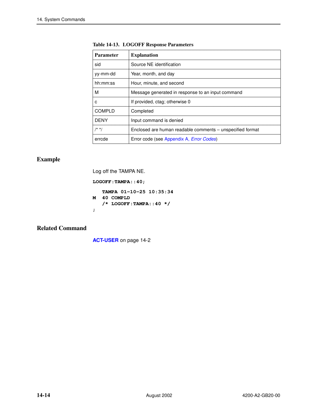 Paradyne 4200 manual 14-14, 13. LOGOFF Response Parameters, LOGOFFTAMPA40 TAMPA 01-10-25 M 40 COMPLD LOGOFFTAMPA40, Example 