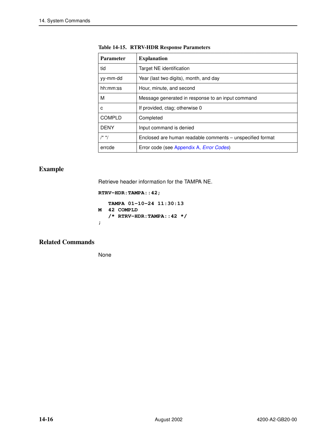 Paradyne 4200 14-16, 15. RTRV-HDR Response Parameters, RTRV-HDRTAMPA42 TAMPA 01-10-24 M 42 COMPLD RTRV-HDRTAMPA42, Example 