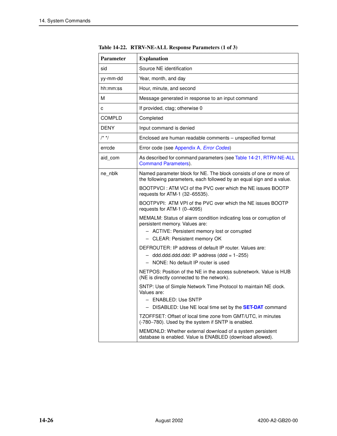 Paradyne 4200 manual 14-26, 22. RTRV-NE-ALL Response Parameters 1 of, Explanation, Command Parameters 