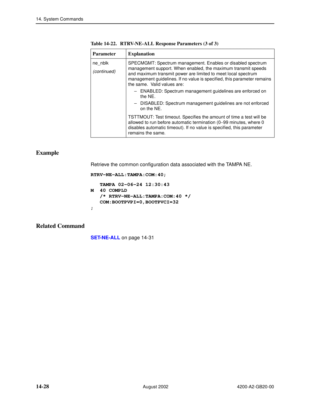 Paradyne 4200 14-28, 22. RTRV-NE-ALL Response Parameters 3 of, RTRV-NE-ALLTAMPACOM40 TAMPA 02-06-24 M 40 COMPLD, Example 