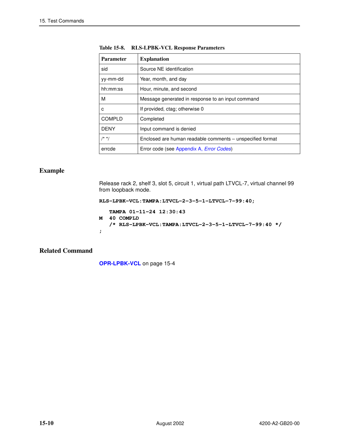 Paradyne 4200 manual 15-10, 8. RLS-LPBK-VCL Response Parameters, RLS-LPBK-VCLTAMPALTVCL-2-3-5-1-LTVCL-7-9940 TAMPA 01-11-24 