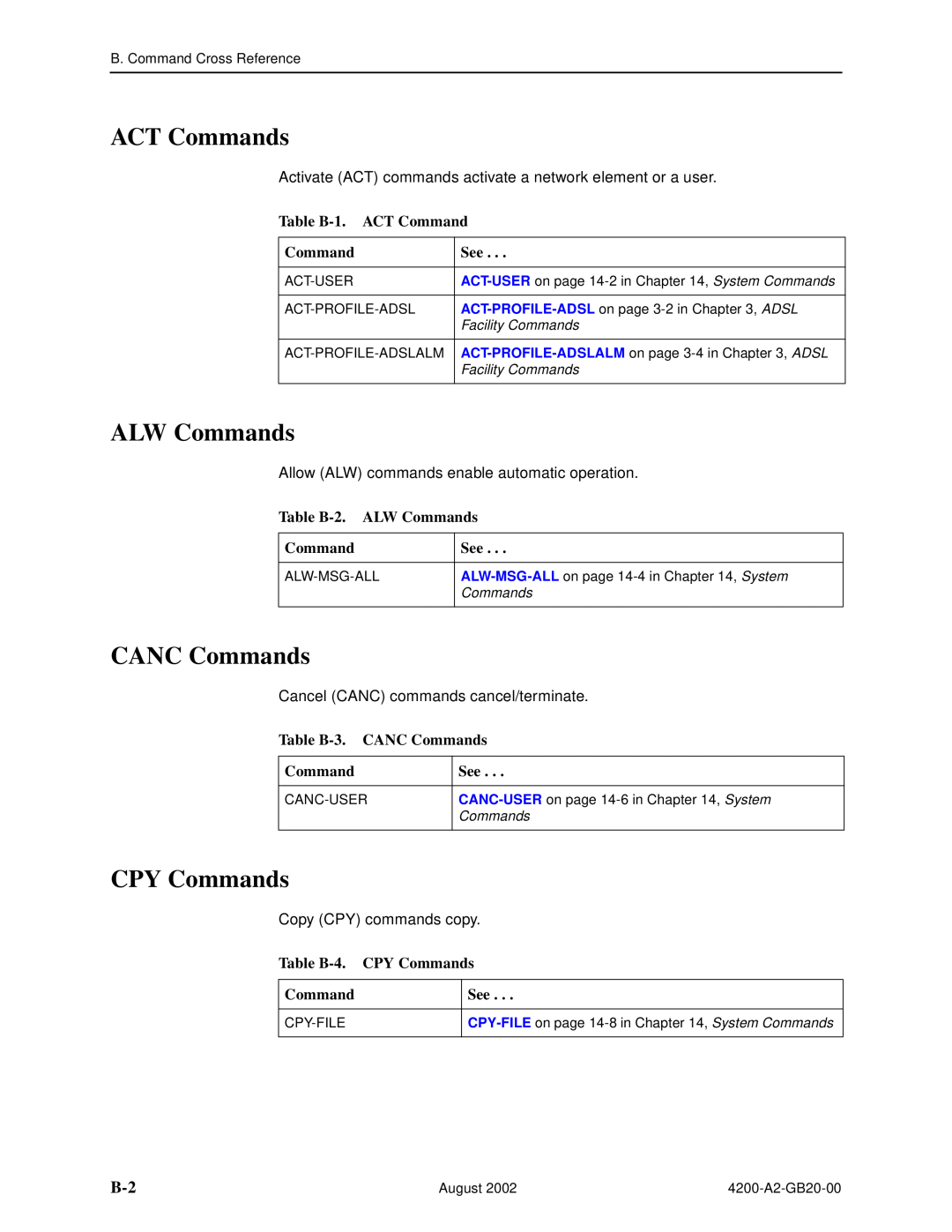Paradyne 4200 manual ACT Commands, CANC Commands, CPY Commands, Table B-1. ACT Command, Table B-2. ALW Commands 