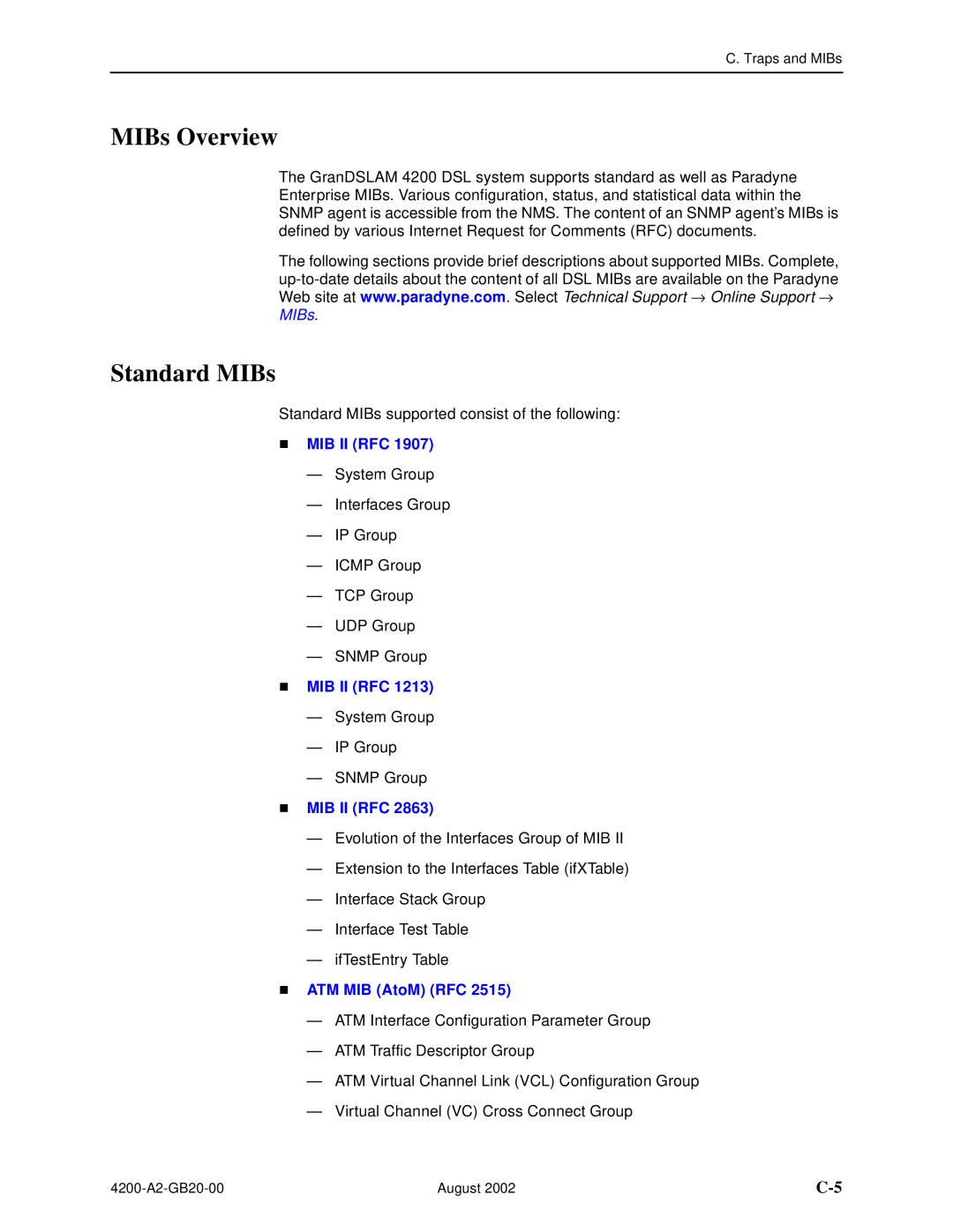 Paradyne 4200 manual MIBs Overview, Standard MIBs, Mib Ii Rfc, ATM MIB AtoM RFC 