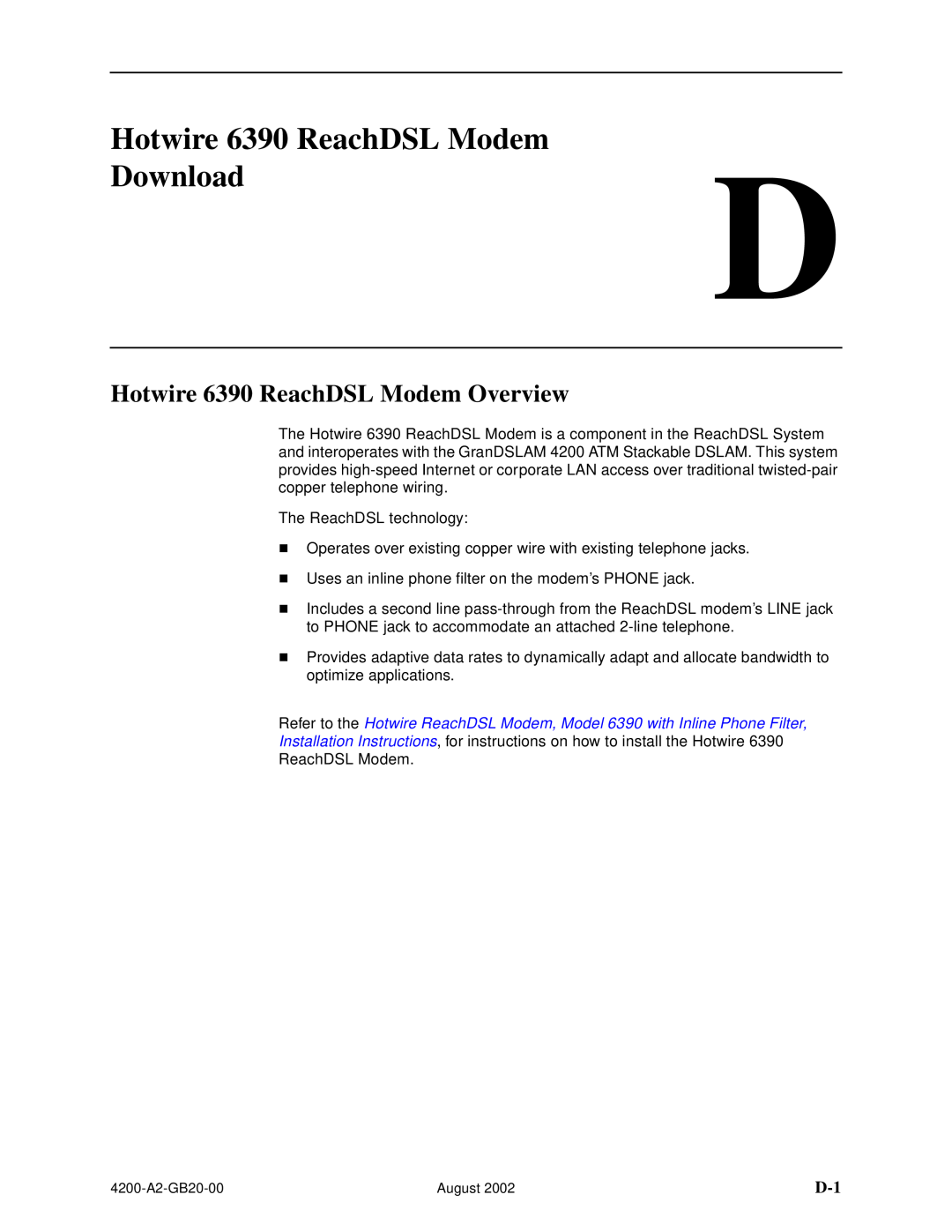 Paradyne 4200 manual Download, Hotwire 6390 ReachDSL Modem Overview 