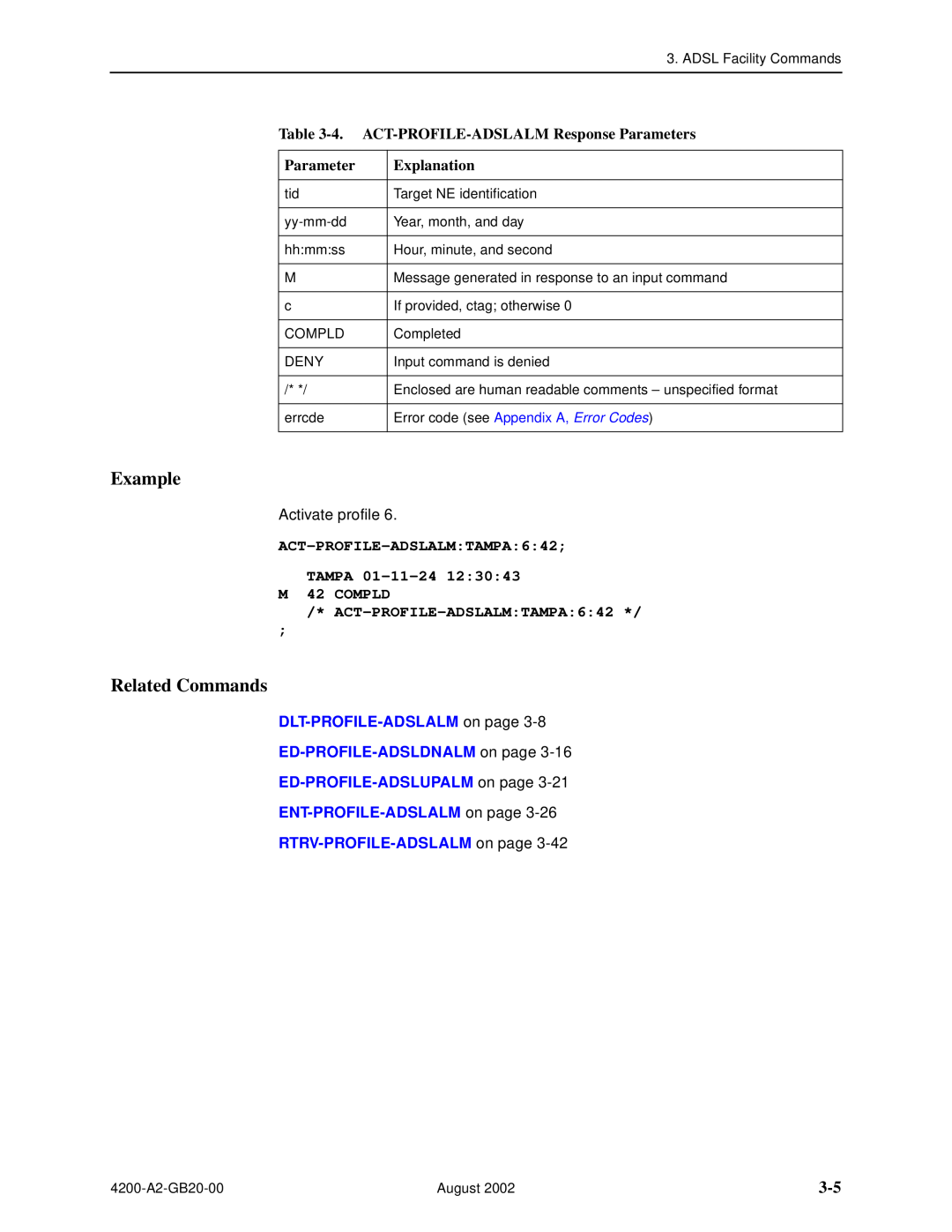 Paradyne 4200 4. ACT-PROFILE-ADSLALM Response Parameters, ACT-PROFILE-ADSLALMTAMPA642 TAMPA 01-11-24 M 42 COMPLD, Example 
