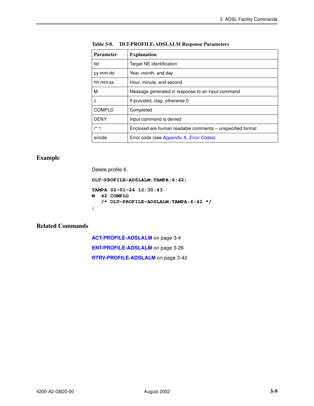 Paradyne 4200 8. DLT-PROFILE-ADSLALM Response Parameters, DLT-PROFILE-ADSLALMTAMPA642 TAMPA 02-01-24 M 42 COMPLD, Example 
