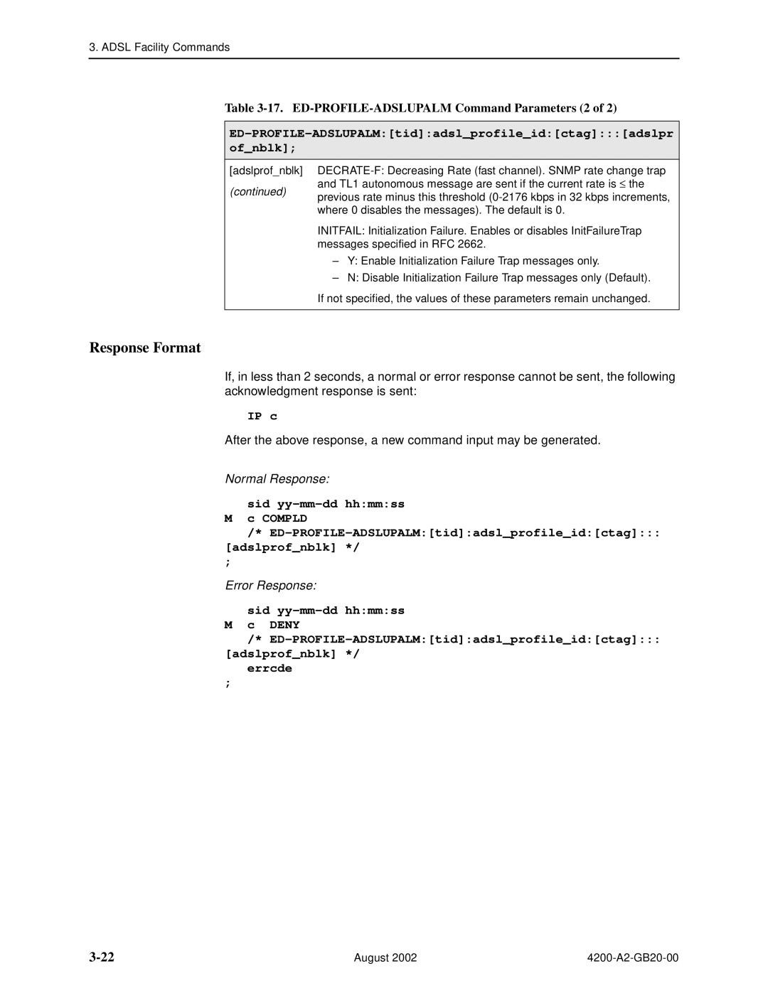Paradyne 4200 manual 3-22, 17. ED-PROFILE-ADSLUPALM Command Parameters 2 of, Response Format, IP c, Normal Response 