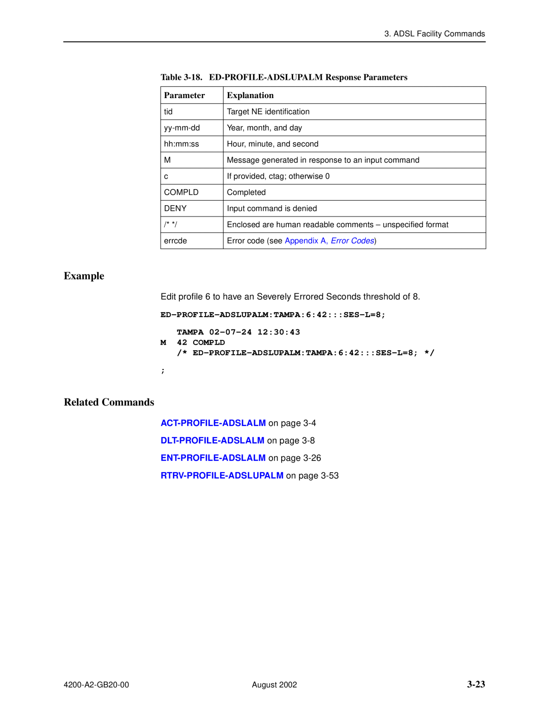 Paradyne 4200 manual 3-23, 18. ED-PROFILE-ADSLUPALM Response Parameters, ED-PROFILE-ADSLUPALMTAMPA642SES-L=8, Example 
