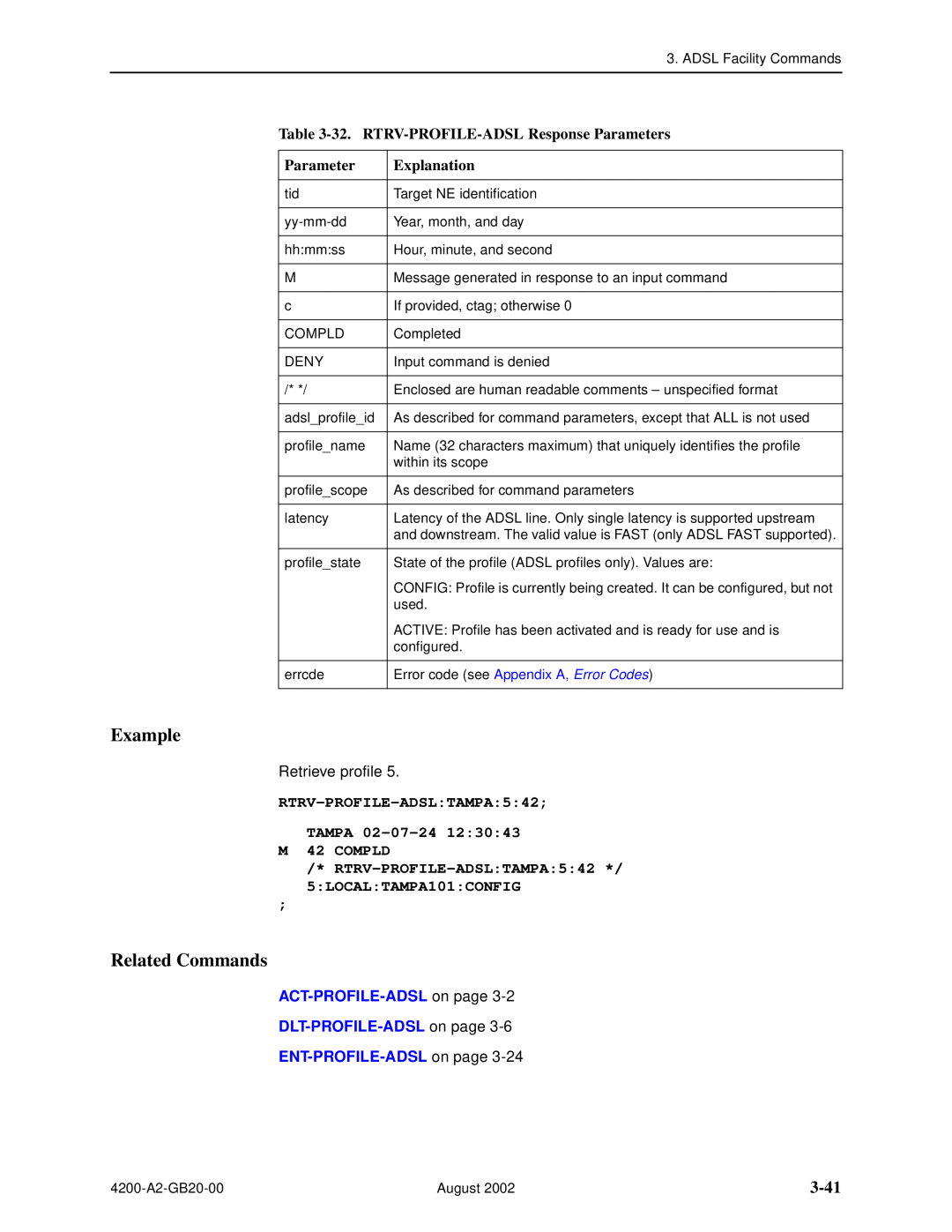 Paradyne 4200 manual 3-41, 32. RTRV-PROFILE-ADSL Response Parameters, RTRV-PROFILE-ADSLTAMPA542 TAMPA 02-07-24 M 42 COMPLD 