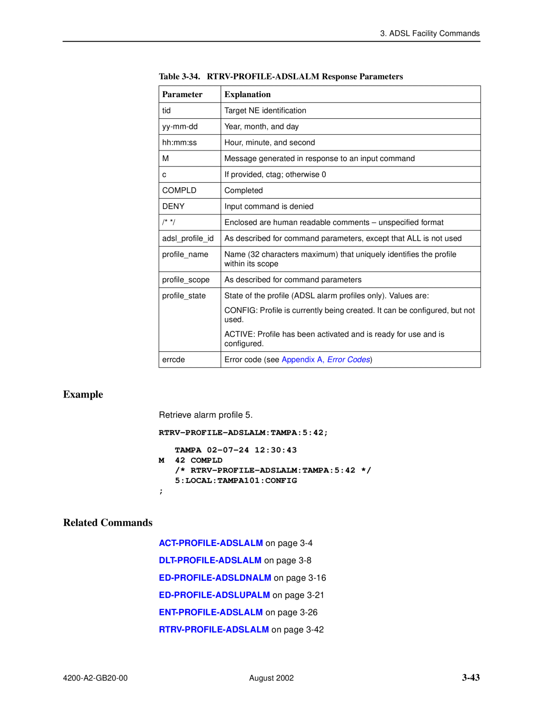 Paradyne 4200 3-43, 34. RTRV-PROFILE-ADSLALM Response Parameters, RTRV-PROFILE-ADSLALMTAMPA542 TAMPA 02-07-24 M 42 COMPLD 