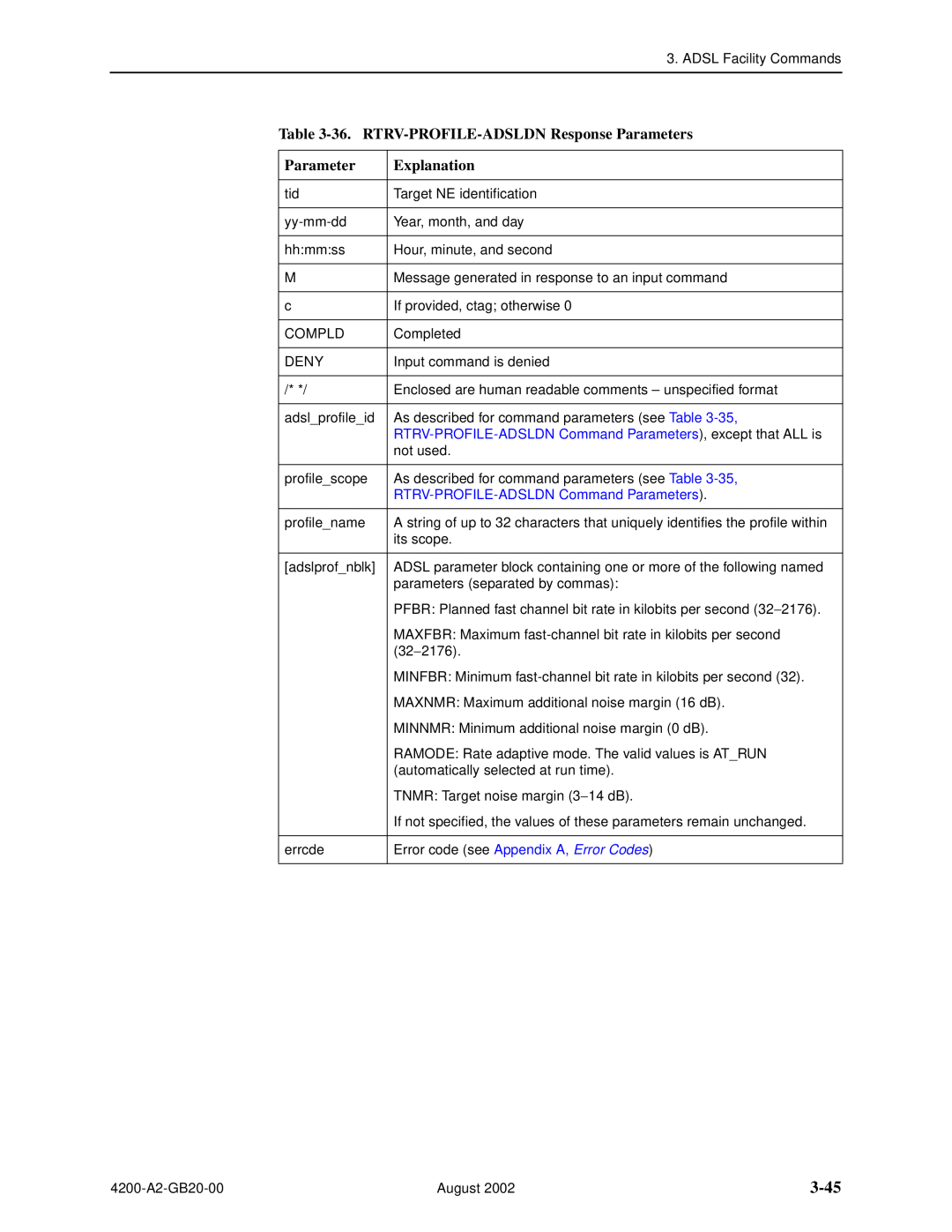 Paradyne 4200 manual 3-45, 36. RTRV-PROFILE-ADSLDN Response Parameters, Explanation, RTRV-PROFILE-ADSLDN Command Parameters 