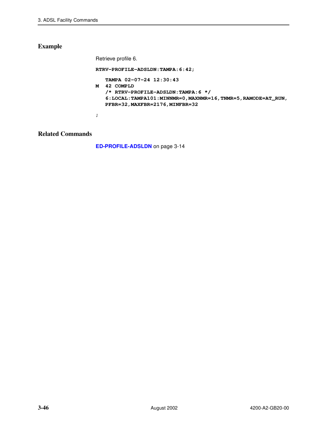 Paradyne 4200 manual 3-46, RTRV-PROFILE-ADSLDNTAMPA642 TAMPA 02-07-24 M 42 COMPLD, ED-PROFILE-ADSLDN on page, Example 