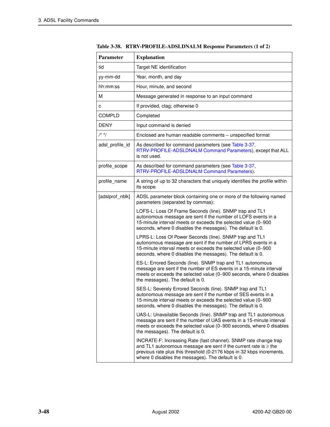 Paradyne 4200 manual 3-48, 38. RTRV-PROFILE-ADSLDNALM Response Parameters 1 of, Explanation 