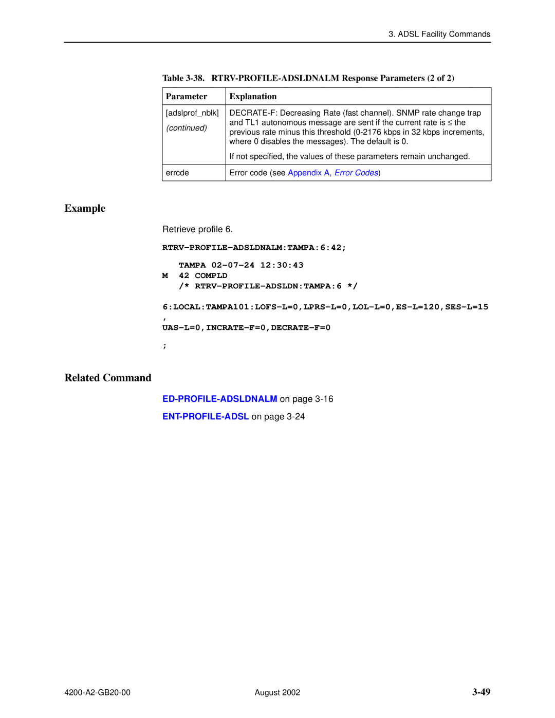 Paradyne 4200 3-49, 38. RTRV-PROFILE-ADSLDNALM Response Parameters 2 of, RTRV-PROFILE-ADSLDNTAMPA6, Example, Explanation 