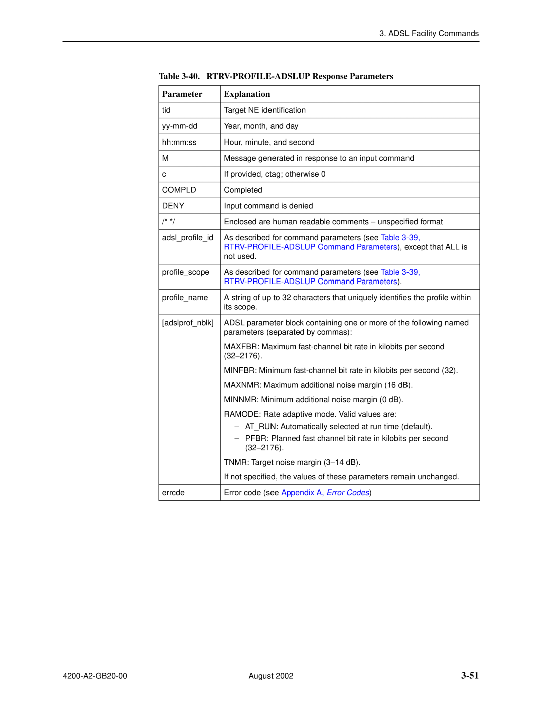 Paradyne 4200 manual 3-51, 40. RTRV-PROFILE-ADSLUP Response Parameters, Explanation, RTRV-PROFILE-ADSLUP Command Parameters 