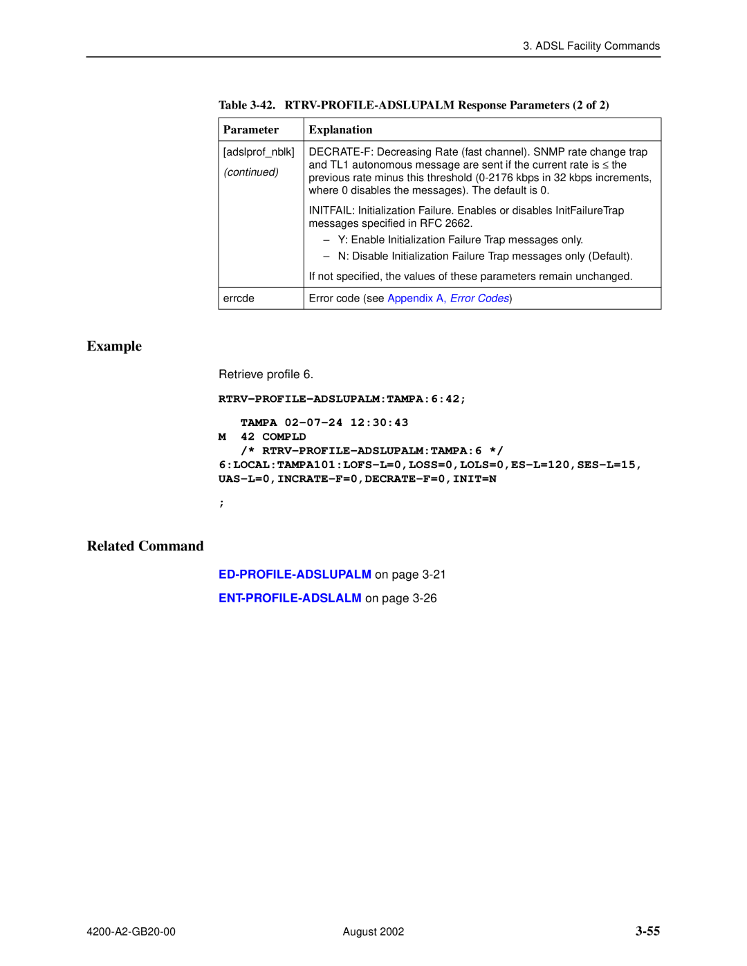 Paradyne 4200 manual 3-55, 42. RTRV-PROFILE-ADSLUPALM Response Parameters 2 of, RTRV-PROFILE-ADSLUPALMTAMPA6, Example 