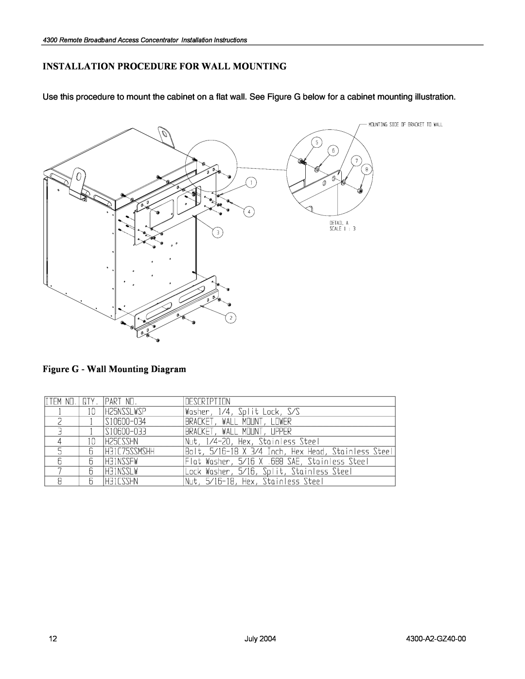 Paradyne Installation Procedure For Wall Mounting, Figure G - Wall Mounting Diagram, July, 4300-A2-GZ40-00 