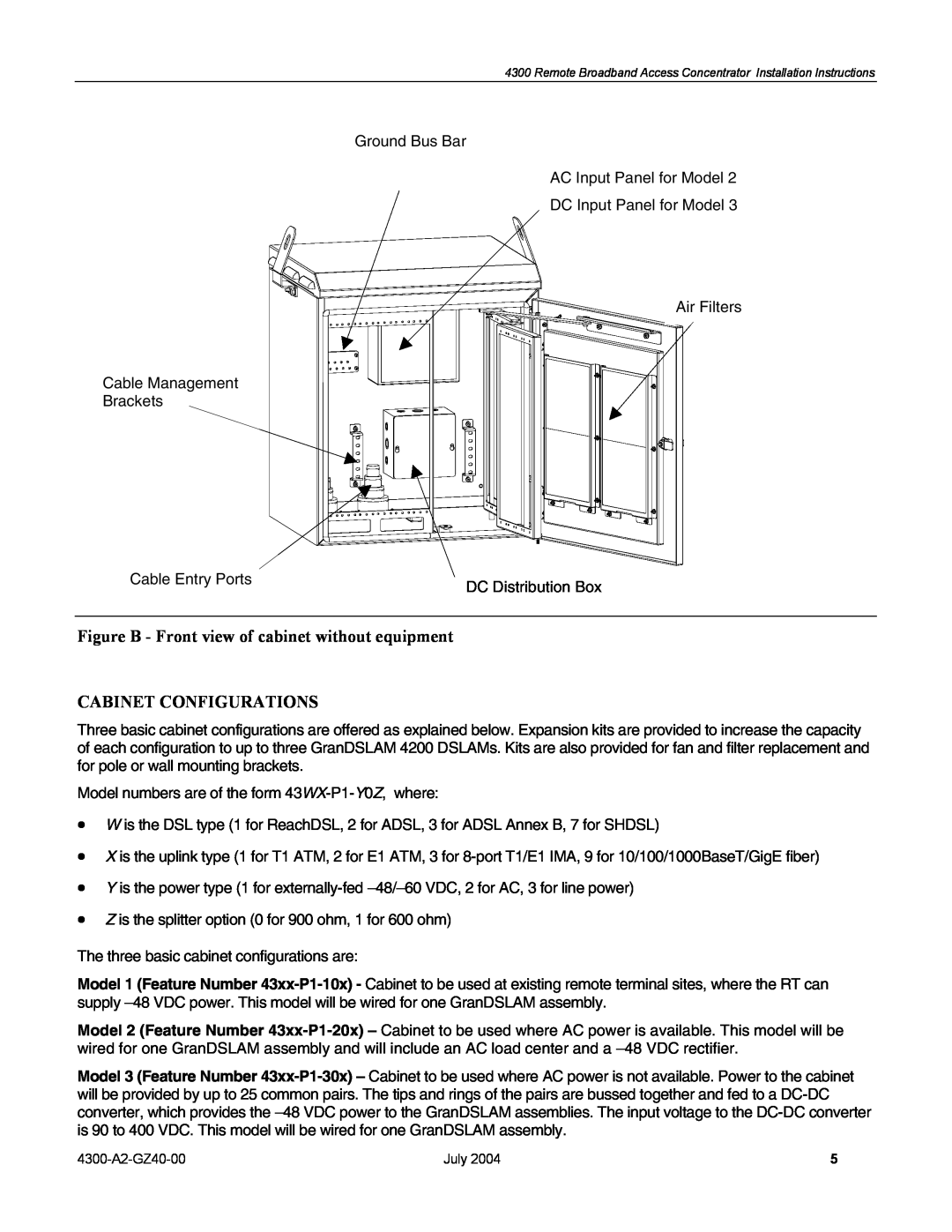 Paradyne 4300 installation instructions Figure B - Front view of cabinet without equipment, Cabinet Configurations 