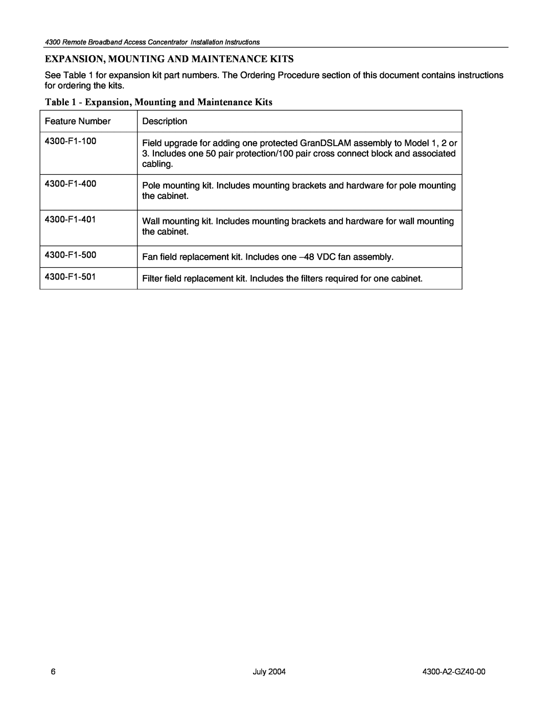 Paradyne 4300 installation instructions Expansion, Mounting And Maintenance Kits, Expansion, Mounting and Maintenance Kits 