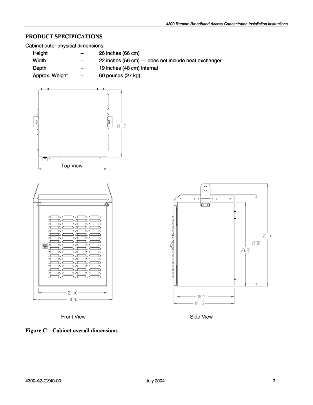 Paradyne 4300 installation instructions Product Specifications, Figure C - Cabinet overall dimensions 