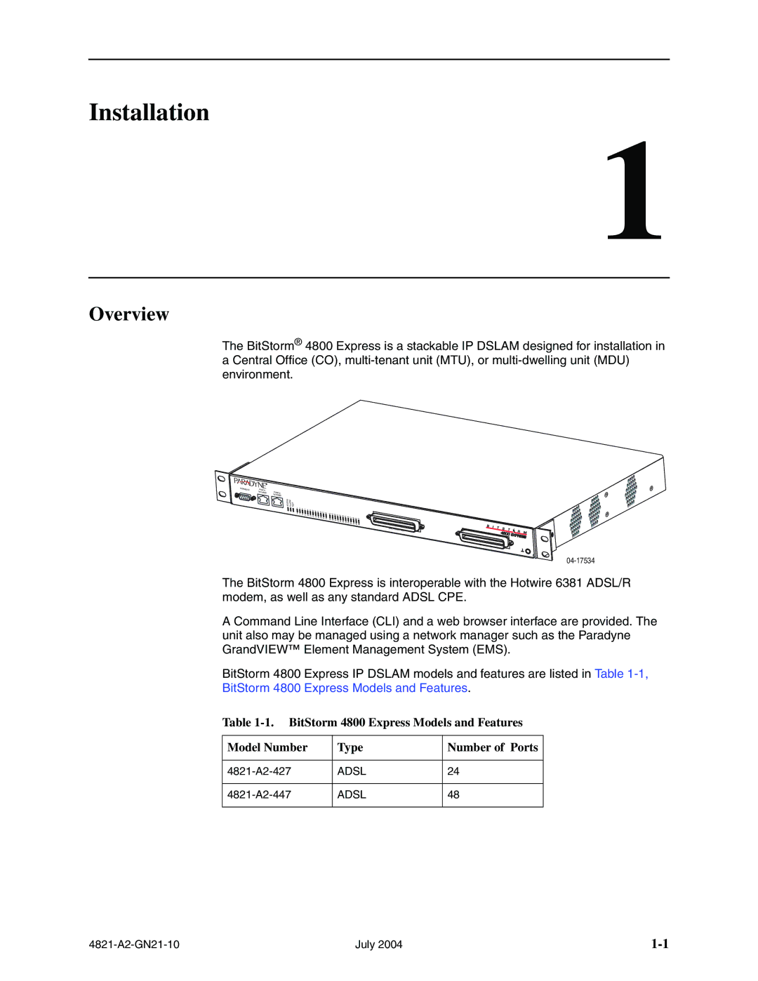 Paradyne 4800 Express manual Installation, Overview 