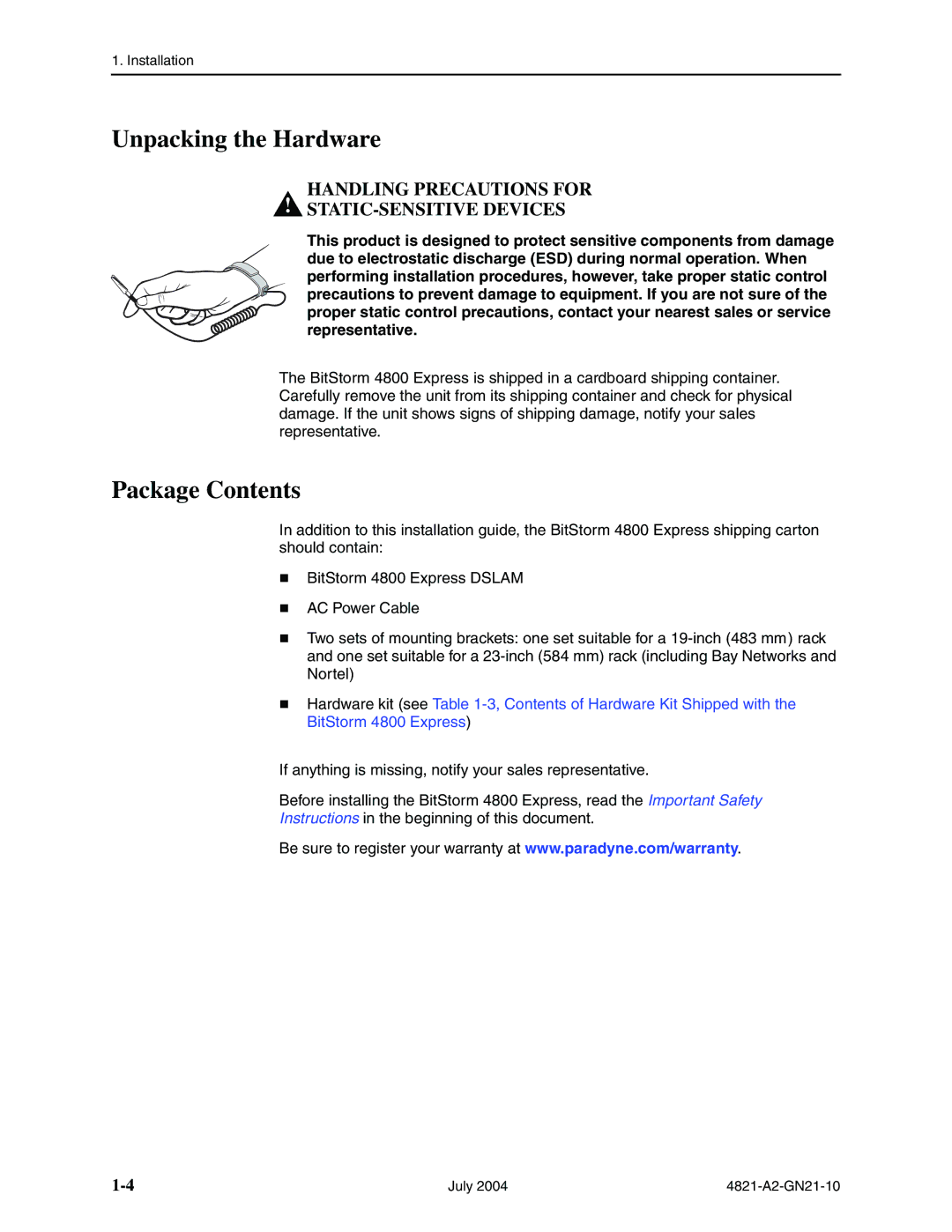 Paradyne 4800 Express manual Unpacking the Hardware, Package Contents 