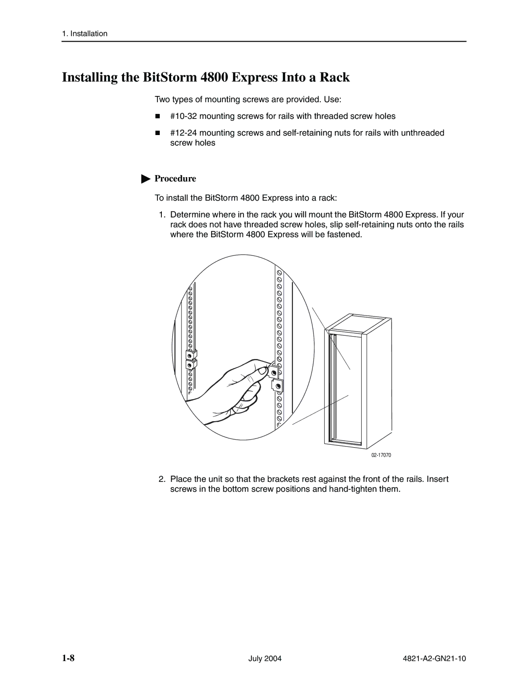 Paradyne manual Installing the BitStorm 4800 Express Into a Rack 