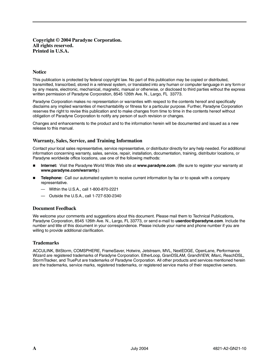 Paradyne 4800 Express manual Copyright 2004 Paradyne Corporation All rights reserved 