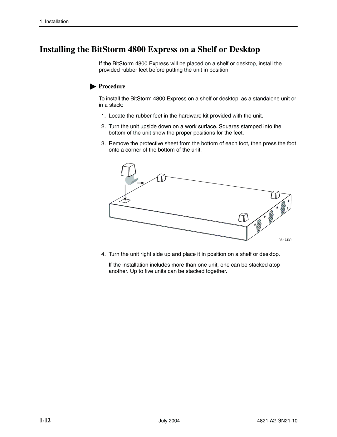 Paradyne manual Installing the BitStorm 4800 Express on a Shelf or Desktop 