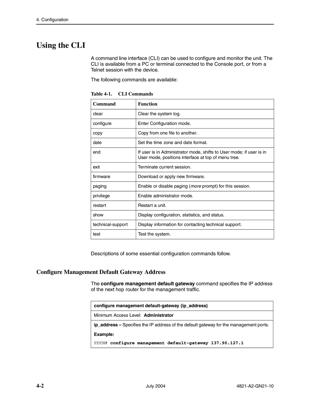 Paradyne 4800 Express manual Using the CLI, CLI Commands Function 