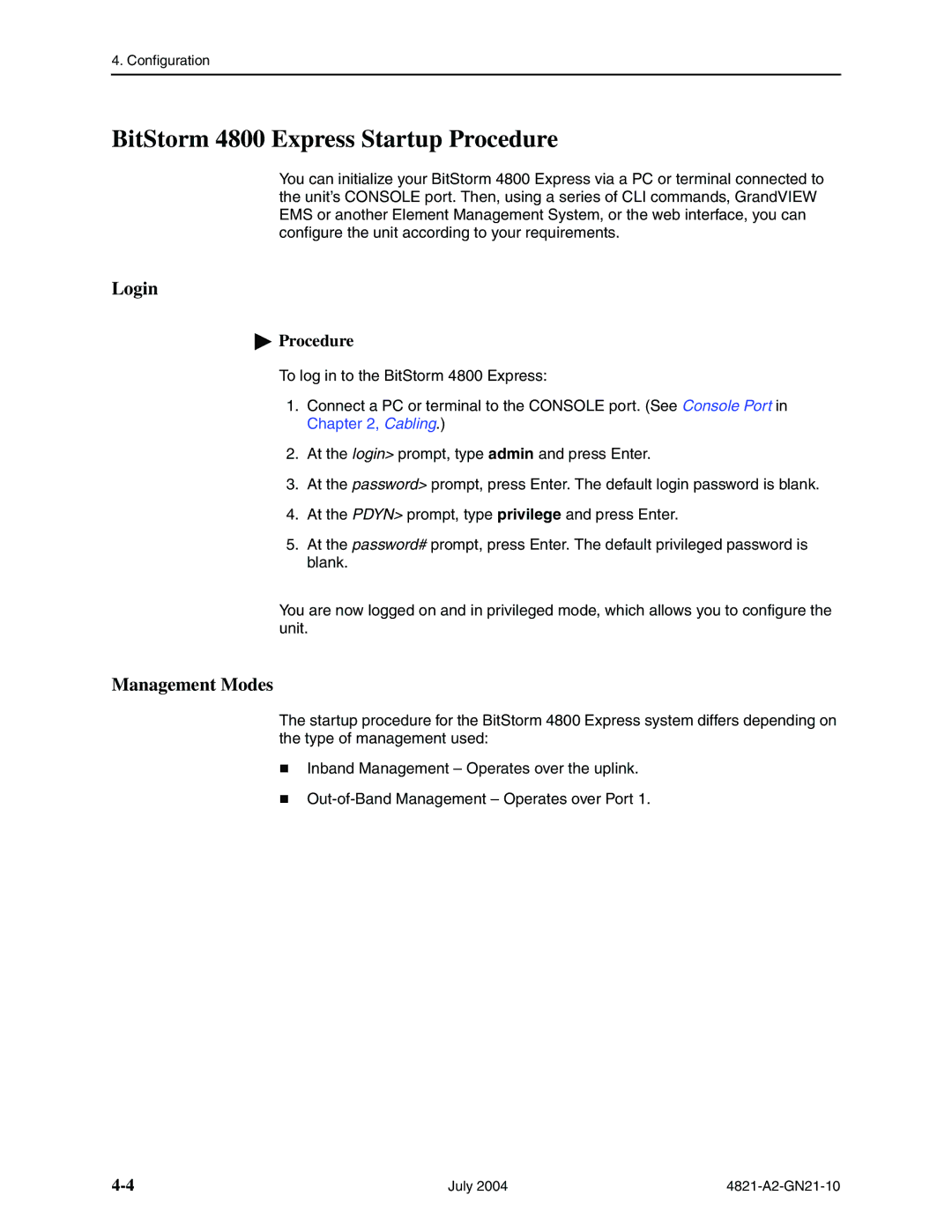 Paradyne manual BitStorm 4800 Express Startup Procedure, Login 