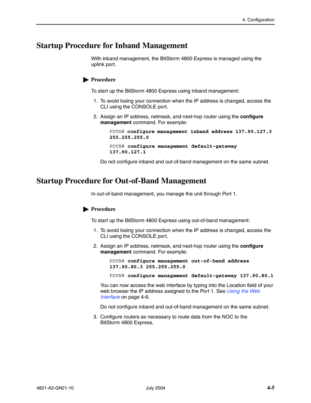 Paradyne 4800 Express manual Startup Procedure for Inband Management, Startup Procedure for Out-of-Band Management 