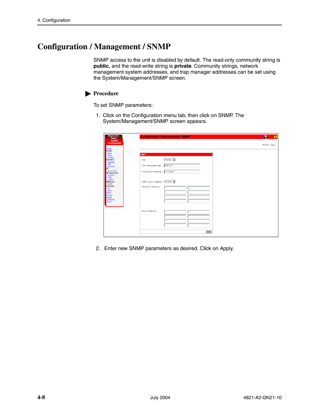 Paradyne 4800 Express manual Configuration / Management / Snmp 