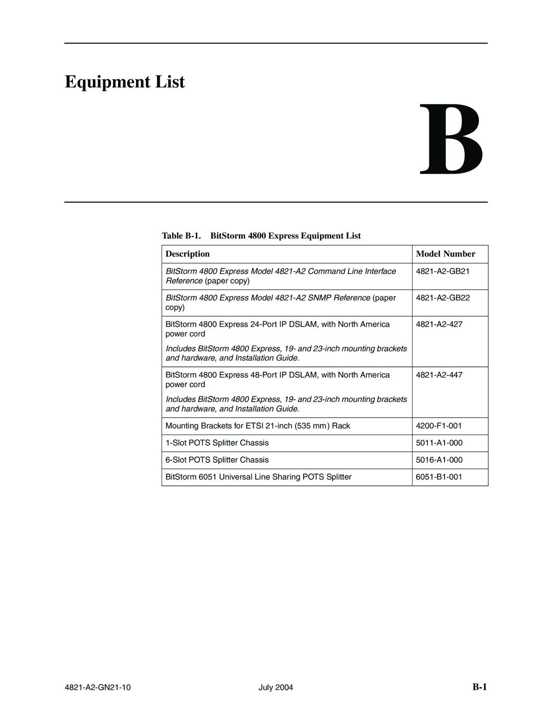 Paradyne 4800 Express manual Equipment List, Description Model Number 