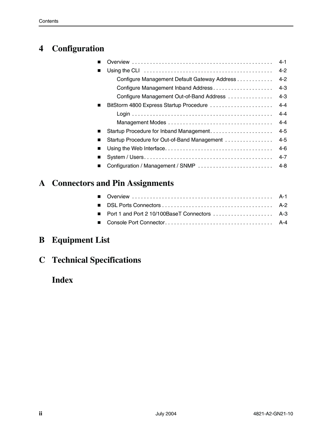 Paradyne 4800 Express manual Configuration, Connectors and Pin Assignments, Equipment List Technical Specifications Index 