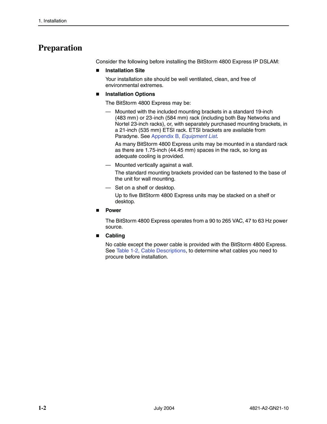 Paradyne 4800 Express manual Preparation, „ Installation Site, „ Installation Options, „ Power, „ Cabling 