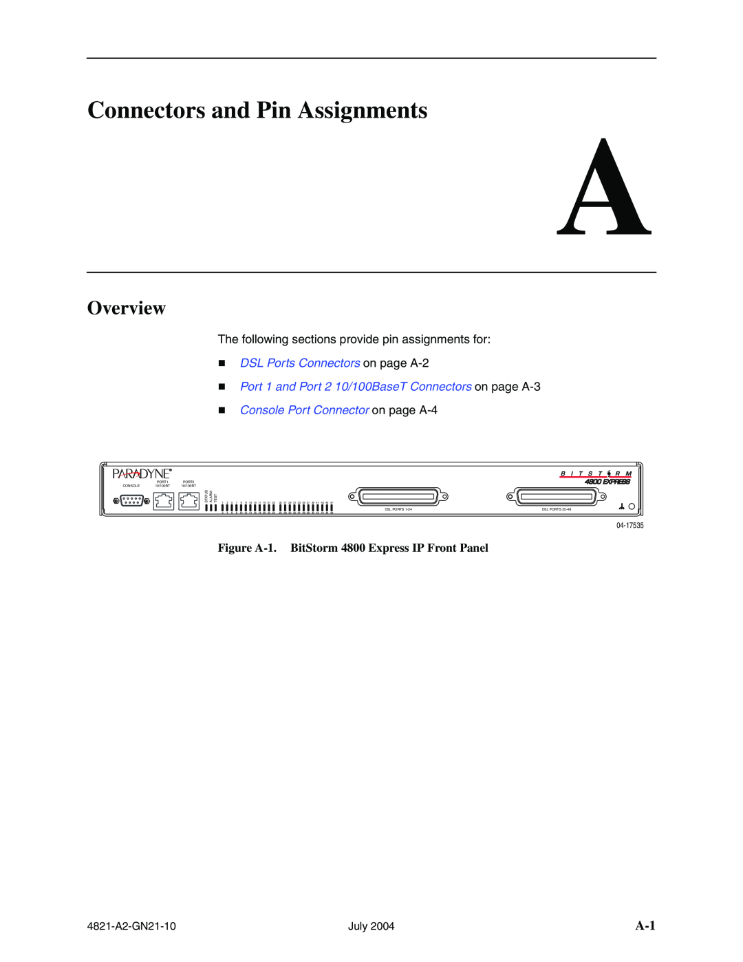 Paradyne 4800 Express Connectors and Pin Assignments, „ DSL Ports Connectors on page A-2, Overview, 04-17535, Dsl Ports 